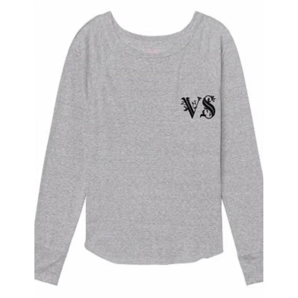 Victoria's Secret Women's Heather Gray Velvet Logo Long Sleeve Sleep Shirt M